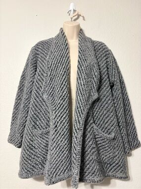 Eileen Fisher Organic Wool Alpaca Cozy Open-Front Gray Chunky Knit Sweater Coat
